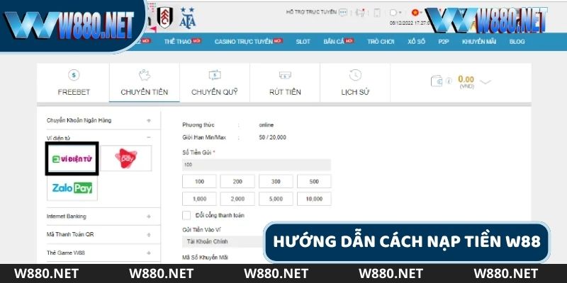 Quy trình các bước nạp tiền W88 đơn giản, nhanh chóng